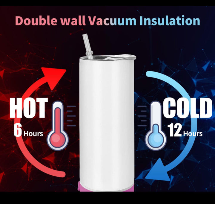 A stylish pink tumbler from Kreative Kreationz, inspired by Michael Kors, sits elegantly between two graphics. On the left side, a red thermometer displays "HOT 6 Hours," while on the right, a blue one indicates "COLD 12 Hours." Overhead text proudly states "Double Wall Vacuum Insulation," capturing the tumbler's sleek design.