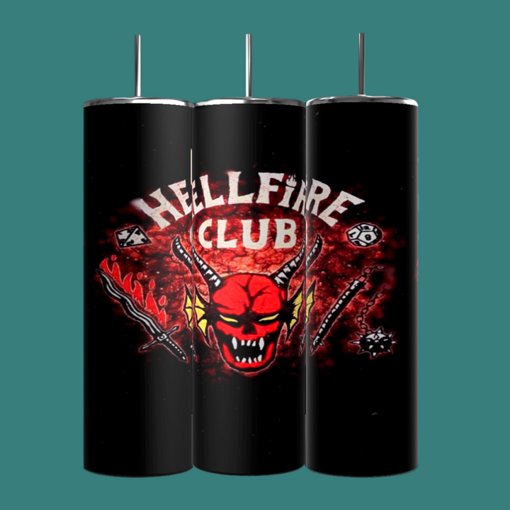 The Kreative Kreationz Hellfire Club 20oz Tumblers come in a set of three, crafted from black stainless steel and showcasing an eye-catching "Hellfire Club" design in striking white and red. Each tumbler features a central red skull with horns, surrounded by flames, swords, axes, and other dynamic symbols against a dark, fiery backdrop. These skinny tumblers are perfect for maintaining the ideal temperature of your beverages.