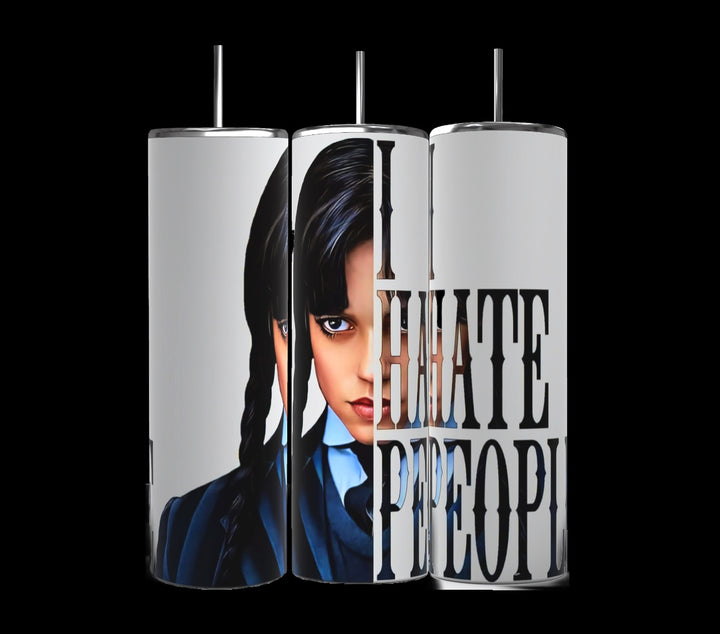 Three Kreative Kreationz 20oz tumblers are lined up: the first features a woman's left profile with dark braids, the middle displays her face and partial text, and the third in the Halloween series boldly states "I HATE PEOPLE" on a plain background.