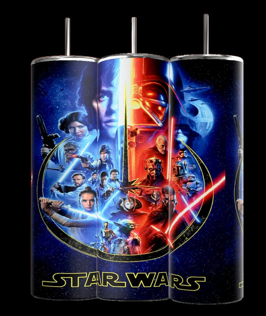 This set includes three Kreative Kreationz Star Wars-themed 20oz cylindrical tumblers with spill-proof lids and reusable straws, featuring iconic characters and vibrant space imagery like lightsabers and ships against a cosmic background.