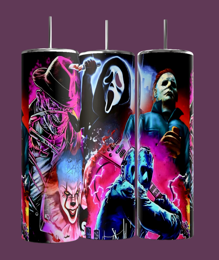 The "Horror Stars 20oz Tumbler" by Kreative Kreationz showcases vibrant, stylized artwork of horror movie icons and scenes, featuring masked slashers and iconic characters against bold backgrounds.