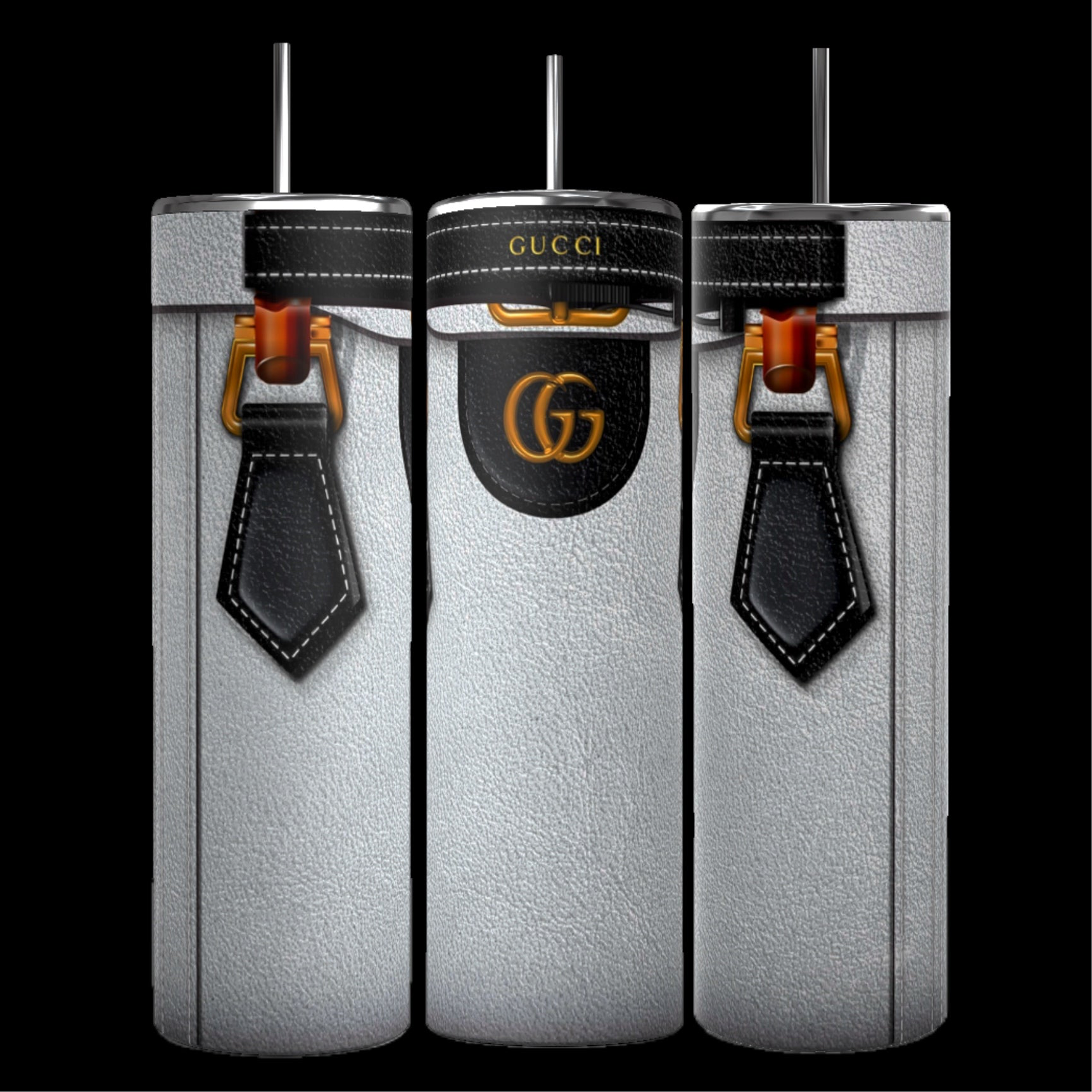 Three cylinder-shaped bottles in white are reminiscent of the GUCCI Purse Inspired 20oz Tumbler by Kreative Kreationz, featuring black leather accents and metal buckles. The bottles display a prominent black label with gold "GG" initials and the "GUCCI" logo above. Each tumbler is designed with a slender straw protruding from the top.