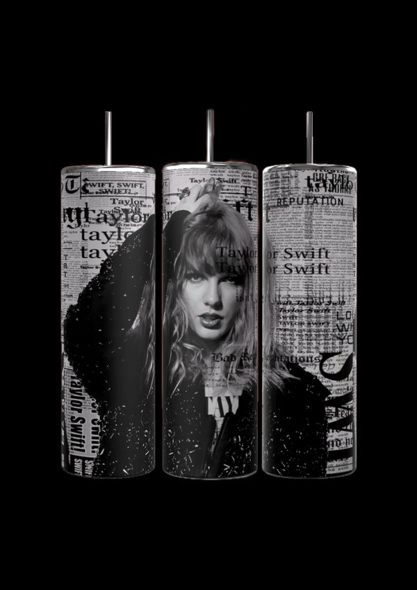 Three Taylor Swift Reputation Newspaper 20oz Tumblers by Kreative Kreationz are shown, each featuring a black-and-white image of Taylor Swift with curly hair posing. The tumblers showcase various text elements, include a spill-proof lid and a reusable straw. The background is solid black, highlighting the design on the tumblers.