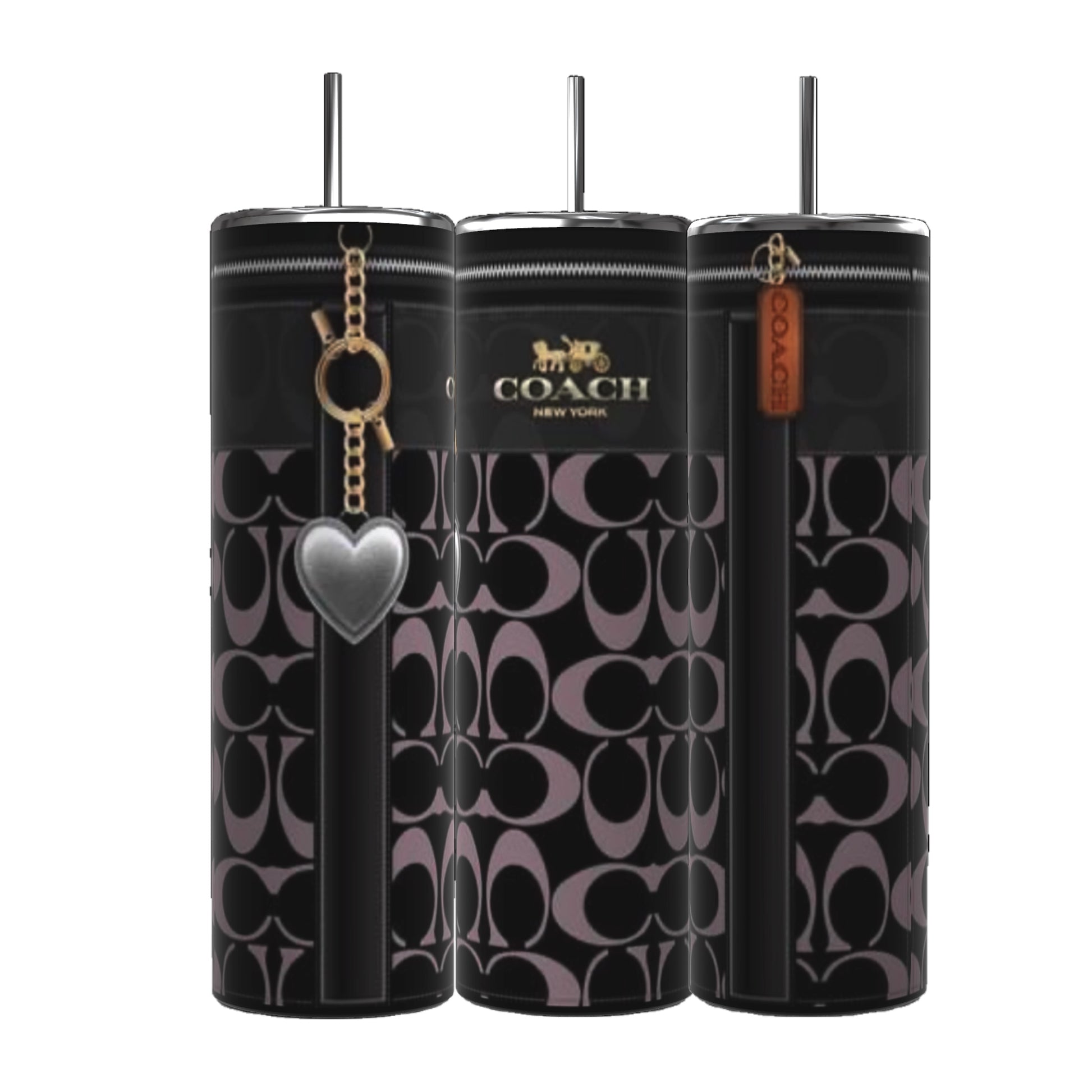 Discover three stylish Coach Heart Purse 20oz Tumblers by Kreative Kreationz, each boasting a sleek black and gray patterned design. These tumblers offer unique touches: a heart-shaped pendant, the iconic Coach logo, and a leather tag. For added convenience, they come with accessories like zippers, spill-proof lids, and a metal straw.