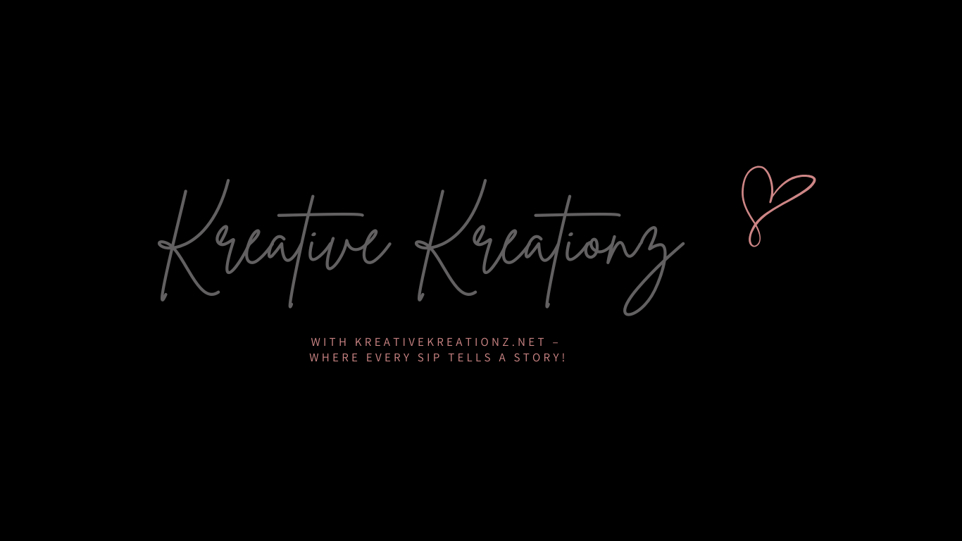 Elegant script text on a black background reads "Kreative Kreations." Below, smaller text: "Where every sip tells a story!" A stylized coffee cup icon appears on the right.