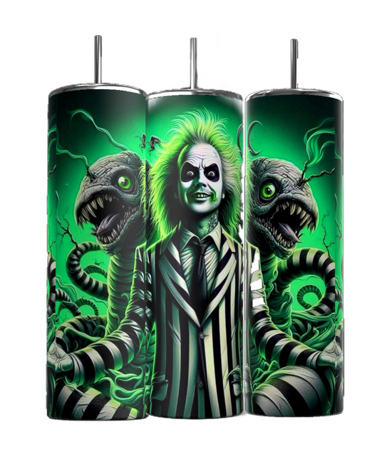 The Beetlejuice Neon 20oz Tumblers by Kreative Kreationz feature a cartoonish green-tinted character with wild hair and a striped suit, flanked by two menacing snake-like creatures. This vivid design evokes a spooky, supernatural theme, ideal for Halloween drinkware.