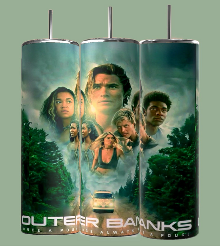 Three 20oz Outer Banks Tumblers by Kreative Kreationz feature a collage of youths posing dramatically in a misty forest. A car navigates the road below them, with "OUTER BANKS" and "ONCE A POGUE, ALWAYS A POGUE" emblazoned at the bottom.