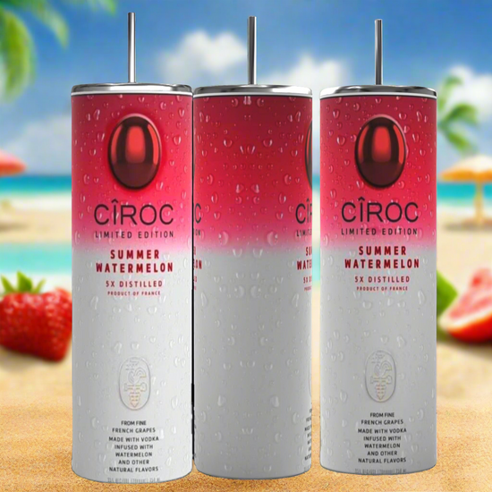 Two cans of Kreative Kreationz Ciroc 20oz Tumbler with 3D Lid Topper are shown on a wooden surface, reminiscent of travel tumblers. The left can is Red Berry flavor, topped with ice and a cherry. The right can is Vodka Snap Frost flavor, topped with ice and a lemon slice. Both cans feature product information and branding.