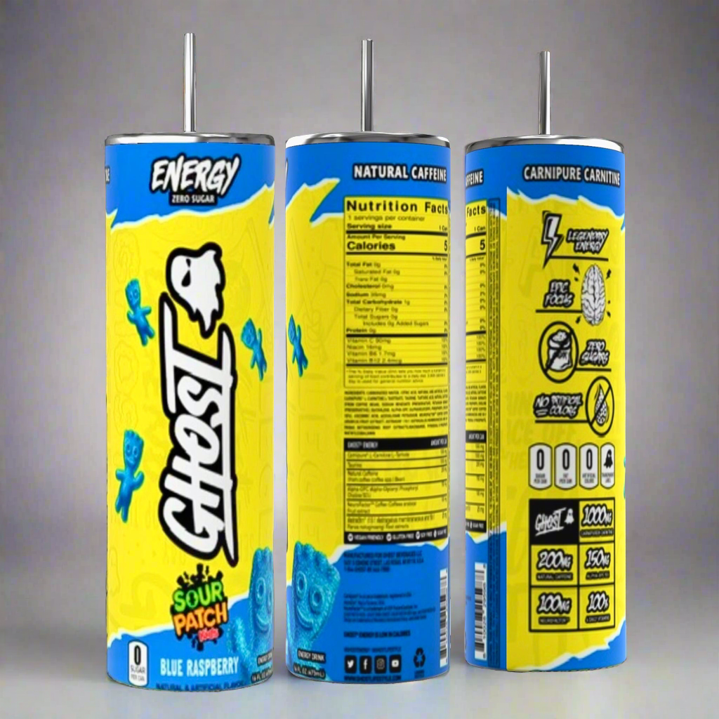 Three cans of Ghost energy drink are displayed alongside the stylish GHOST 20oz Skinny Tumbler with a reusable straw by Kreative Kreationz, perfect for keeping beverages hot or cold. The predominantly yellow cans with red accents feature the "Sour Patch Redberry" flavor. Natural caffeine, zero sugar, and supplement facts are highlighted.