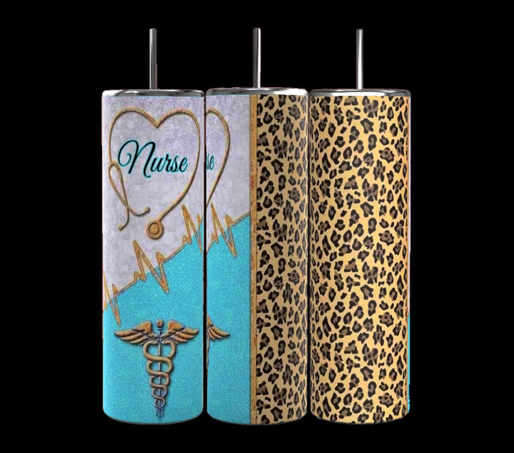 Three stainless steel tumblers are shown. The first has a nurse-themed design with a stethoscope and caduceus symbol. The second, the Nurse Leopard Print 20oz Skinny Tumbler from Kreative Kreationz, boasts pink and gold colors with an EKG line. The third features a gold and black leopard print pattern, all with spill-proof lids.