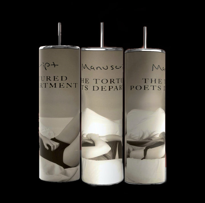 Three vertical cylindrical tumblers with a minimalist design featuring abstract black-and-white images of a reclining figure. Text on the tumblers reads "Manuscript" and "The Tortured Poets Department." The durable construction ensures they remain beautiful over time.