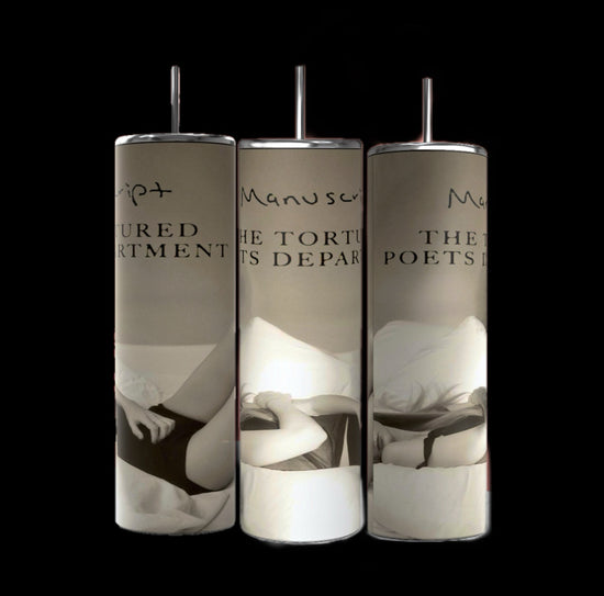 Three vertical cylindrical tumblers with a minimalist design featuring abstract black-and-white images of a reclining figure. Text on the tumblers reads 