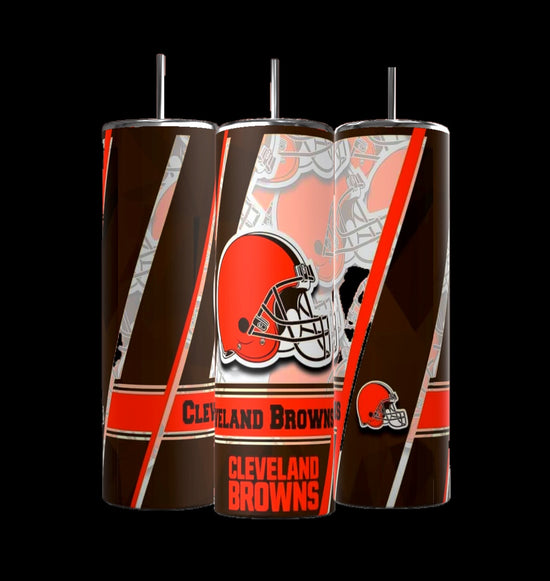 The Kreative Kreationz Cleveland Browns 20oz Skinny Tumblers feature helmets and team logos on a brown, orange, and white design. Each tumbler includes a spill-proof lid and reusable straw for convenience.