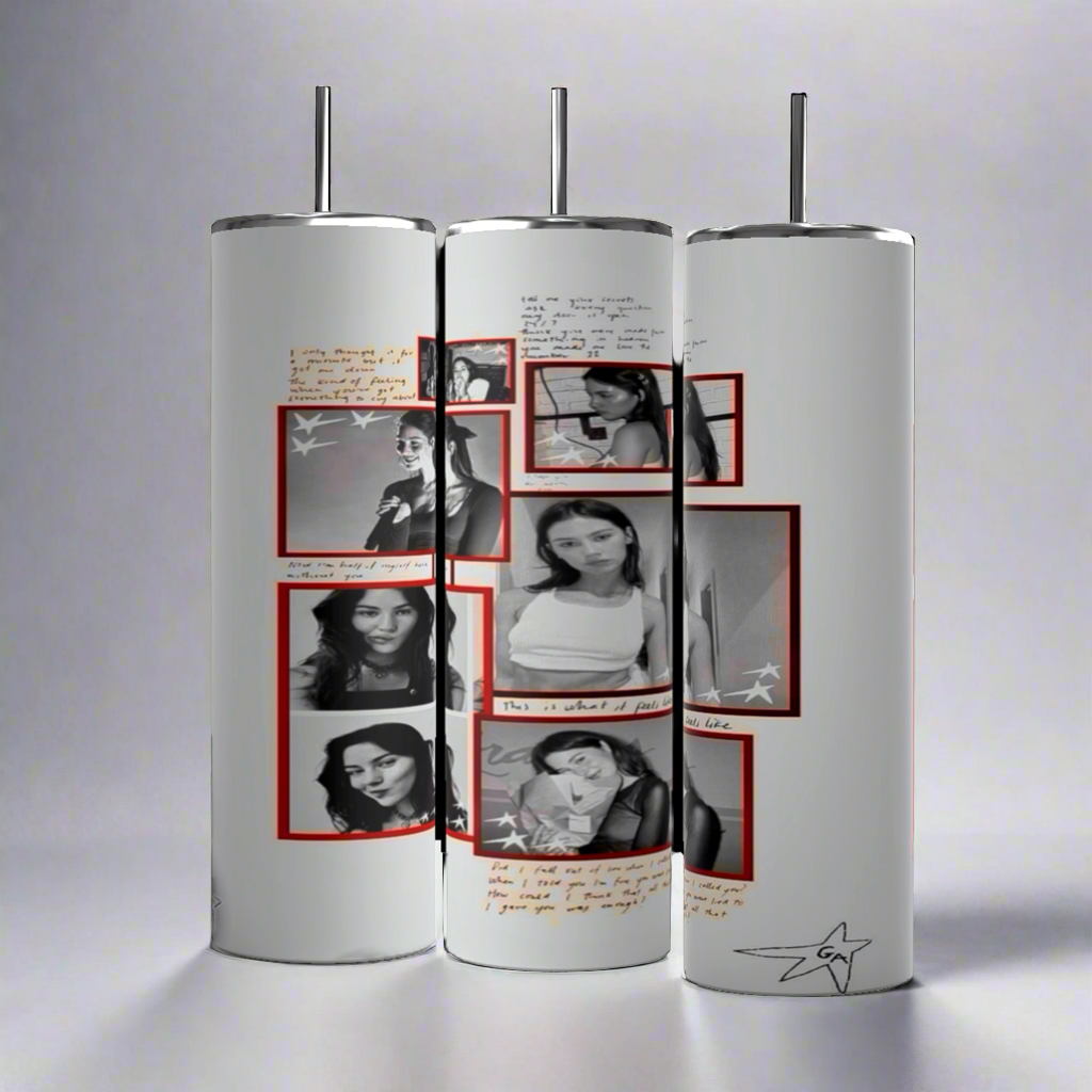 Three cylindrical art pieces, resembling the Gracie Abrams 20oz Skinny Tumbler from Kreative Kreationz, feature black-and-white photos of a woman in various poses. Each photo is surrounded by red rectangular frames, with handwritten notes and sketches decorating the margins. Crafted with durable construction, their plain gray background adds a minimalist touch.