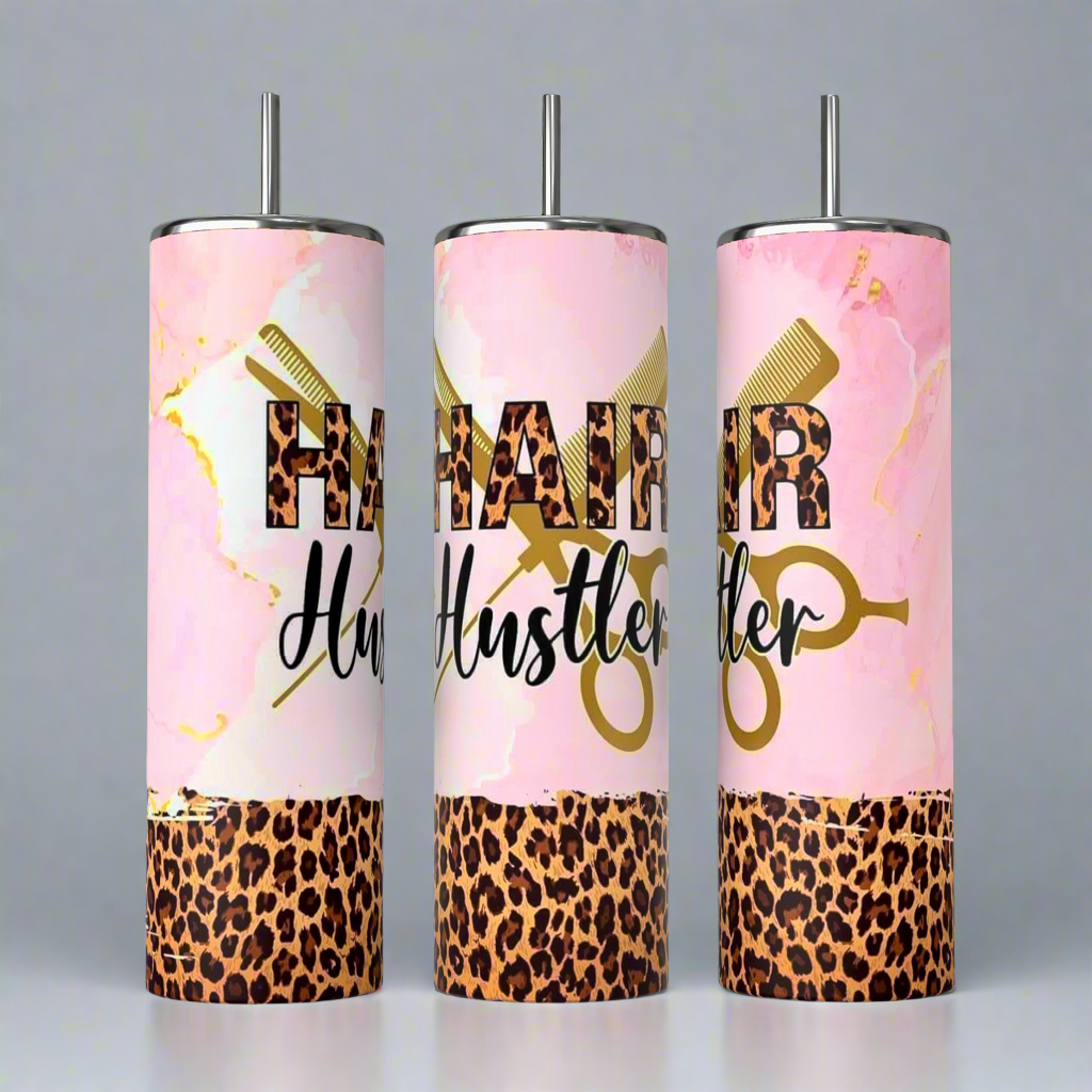 Kreative Kreationz's Hairstylist Collection 20oz Tumblers come in vibrant pink, gold, and leopard prints. Featuring "Hair Hustler" with comb and scissors imagery, they are perfect for on-the-go stylists who love flair and functionality.