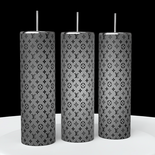 Three tall cylinders in front of a black background on a white pedestal, showing a 20 ounce Tumbler from all sides,
 at a 360° angle, black 
LV  letter repeated throughout design design on gray to white ombre background 