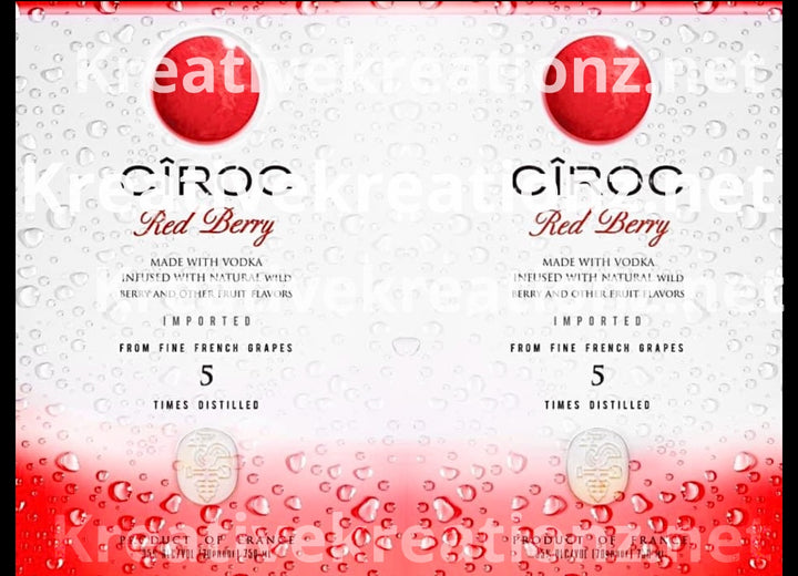 Image of two boxes from the Ciroc Tropical Template 4 pack by Kreative Kreationz, showcasing a design with droplets and a red berry graphic set against a white and red gradient background. The text emphasizes the use of premium ingredients, distillation details, and French grapes, making it ideal for crafting Ciroc templates or designing custom tumbler wraps.