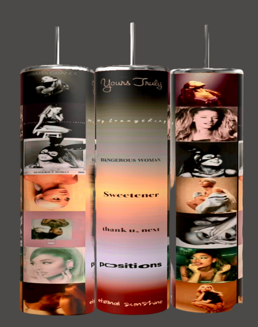 Three slim, vertical 20oz tumblers by Kreative Kreationz, each featuring different images and album covers of a female pop artist. The tumbler designs showcase album titles including "Yours Truly," "My Everything," "Dangerous Woman," "Sweetener," "Thank U, Next," and more. These stunning pieces reflect Ariana Grande Aesthetic 20oz Tumbler aesthetics perfectly.