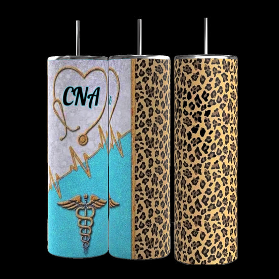 The set includes three 20 oz tumblers in blue from Kreative Kreationz, each adorned with medical-themed designs like stethoscopes, syringes, bandages, and a 