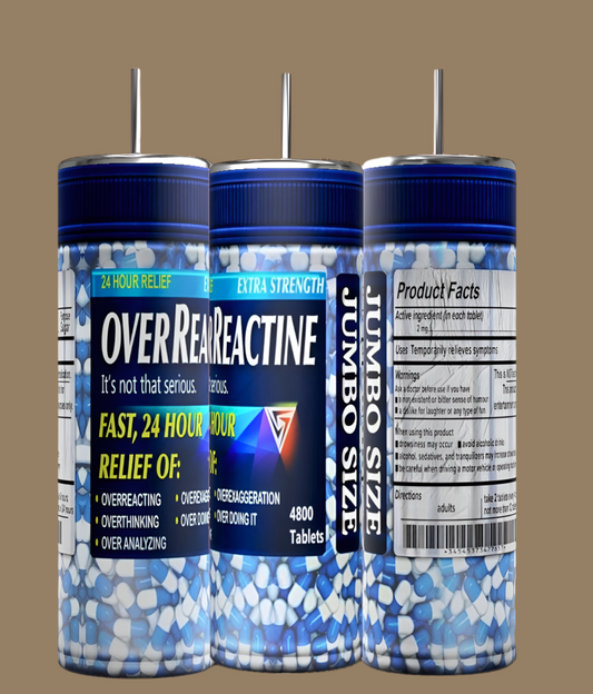 Three jumbo "OverReactin Adult Issues 20oz Skinny Tumbler Series" bottles from Kreative Kreationz are angled differently; one shows product facts, another highlights "Jumbo Size," with white and blue pills inside, resembling a colorful tumbler display.