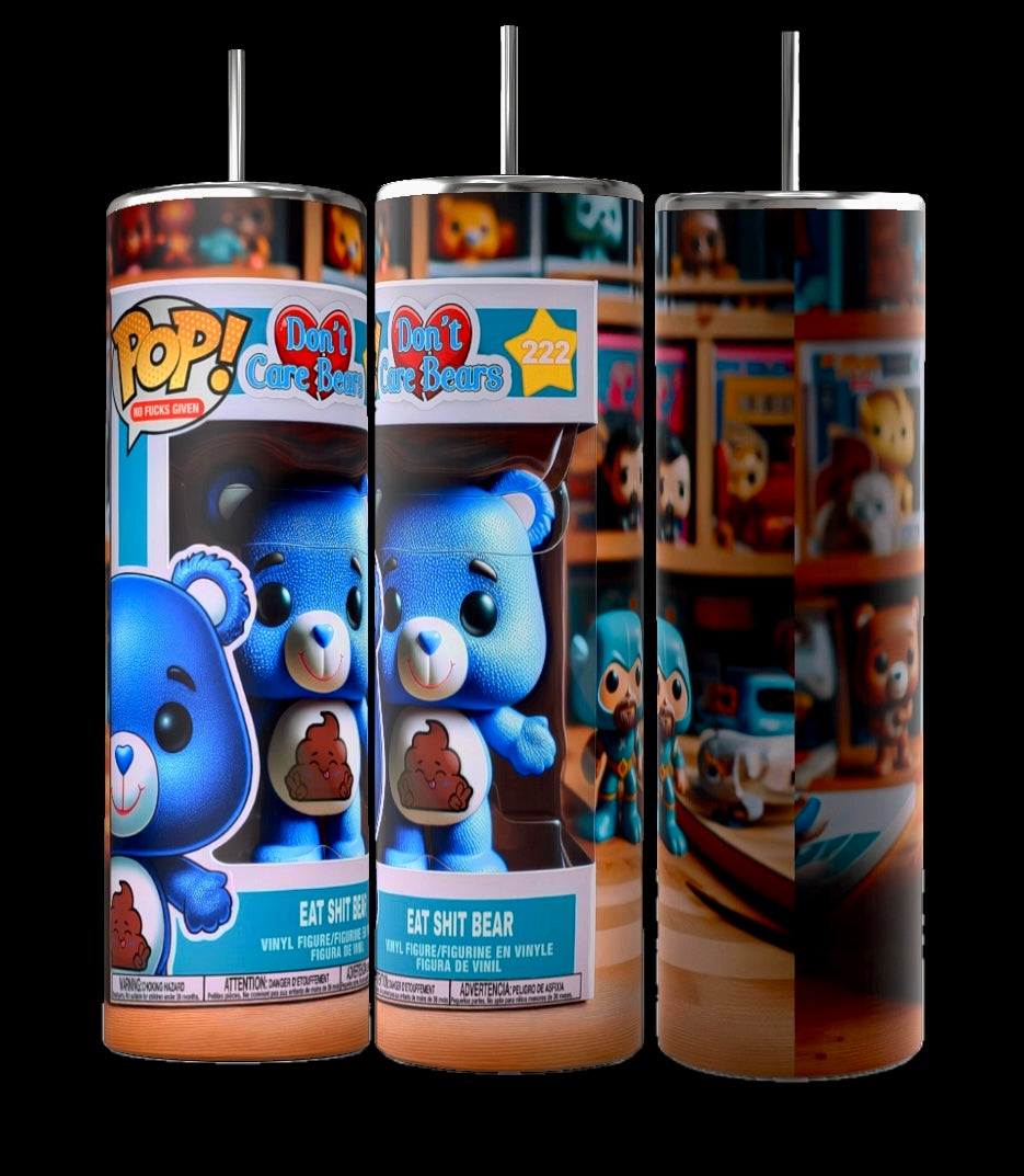 Three 20-ounce "Eat Shit Bear" tumblers from the Kreative Kreationz "Don’t Care Bear Collection", each featuring vibrant designs inspired by the collectible figures. These tumblers boast durable construction and double wall insulation, showcasing a playful blue bear holding a poop emoji against a backdrop of colorful "Don't Care Bears" figures.