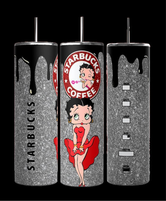 The Betty B Starbucks 20oz Skinny Tumbler by Kreative Kreationz features three glittery sublimated tumblers with a red-dressed cartoon character, Starbucks-inspired logo and "COFFEE" text. Black paint drips from the top, "STARBUCKS" is vertically on one. Each includes a spill-proof lid for convenience.