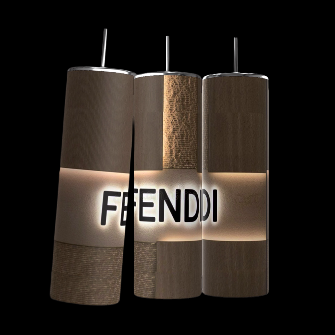 Three cylindrical pendant lights hanging against a black background. The lights have a brown texture with a lighter horizontal band around the middle, displaying the partially visible text "FFENDI," reminiscent of high-end design akin to a FENDI 20oz Skinny Tumbler by Kreative Kreationz.