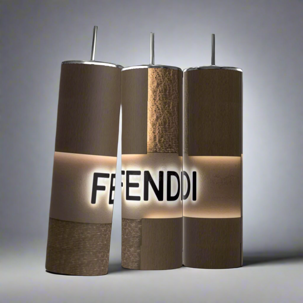 Three FENDI 20oz Skinny Tumblers by Kreative Kreationz are arranged together, featuring wood textures and luxury-inspired design. Each has a stainless steel lid with a straw and an illuminated band with the "FENDI" logo encircling the middle.