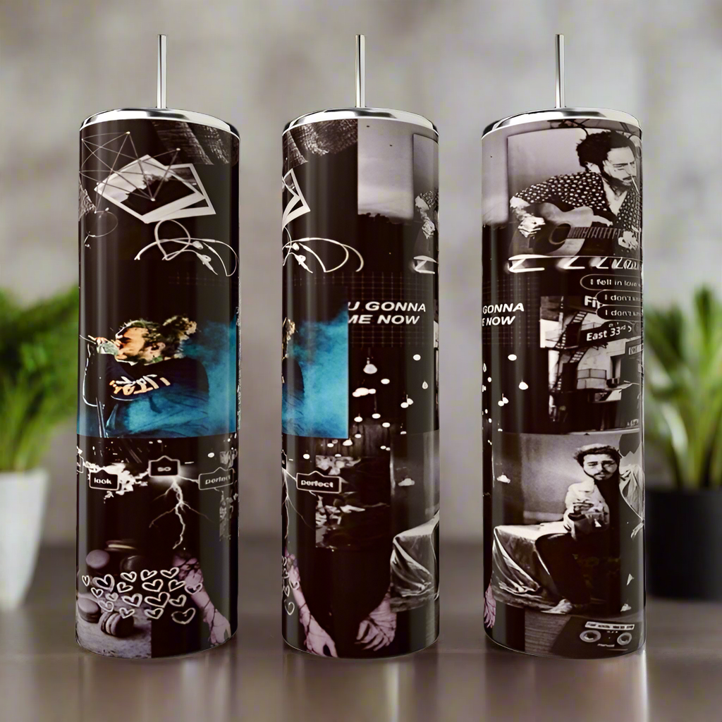 The Post Malone Tumbler set by Kreative Kreationz includes three stainless steel cylindrical drinking tumblers featuring a black and white collage of musicians, geometric shapes, and handwritten text against a blurred background with green plants.