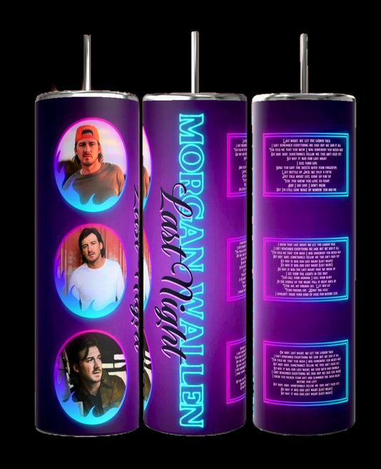 The three Morgan Wallen 20oz Tumblers produced by Kreative Kreationz are crafted with durable construction, displaying purple backgrounds and neon text that says "Morgan Wallen Last Night." They showcase three circular images of a man in different outfits, and the right tumbler is artistically enhanced with neon blue song lyrics.