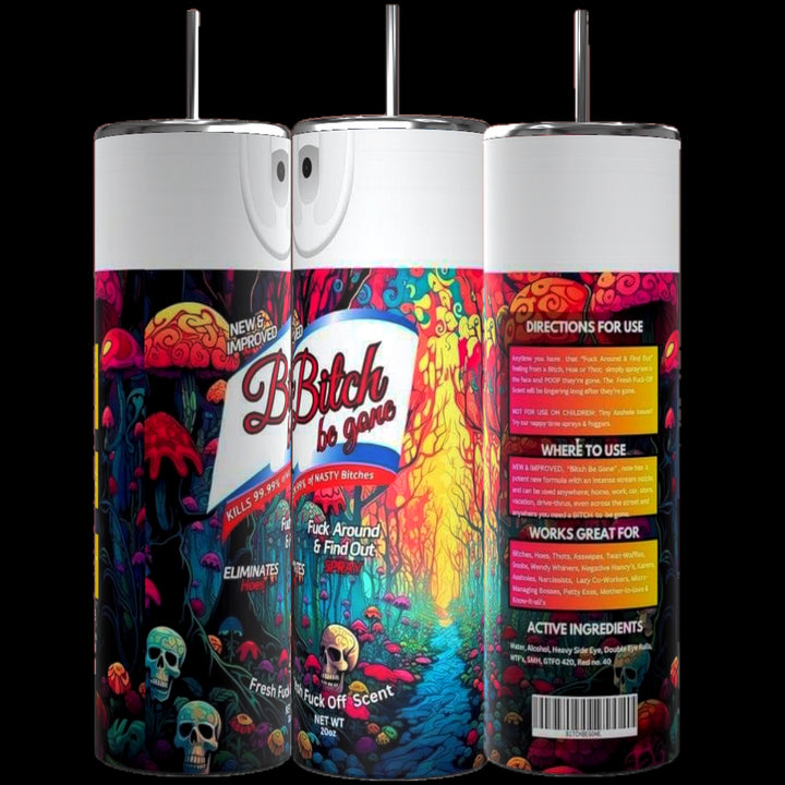 Three brightly colored 20oz tumblers from Kreative Kreationz are arranged side-by-side, each featuring vivid fantasy-themed designs of colorful mushrooms, skulls, and a forest scene. The text on the front reads "Halloween Bitch Spray," with humorous usage instructions and ingredients listed on the back and side panels.