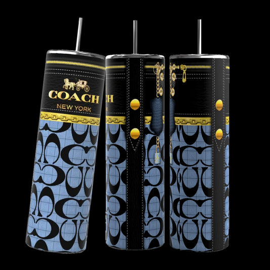 A set of three tall, cylindrical Coach Purse 20oz Tumblers from Kreative Kreationz, showcasing durable construction and a striking blue and black pattern adorned with gold chains. The Coach New York logo elegantly stands out on the black background.