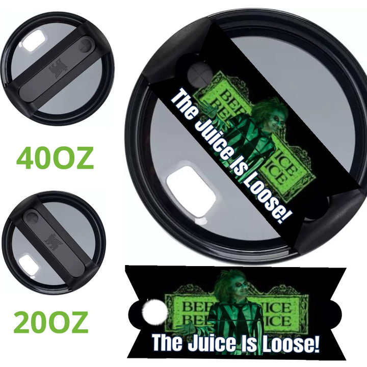 A three-pack of black lids for 20 oz and 40 oz cups, featuring the Kreative Kreationz Beetlejuice Stanley Lid Topper with a green-haired character and "The Juice Is Loose!" on a green ticket backdrop. Dishwasher safe for convenience.