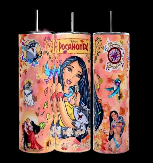 The three cylindrical Pocahontas 20oz Tumblers by Kreative Kreationz showcase vibrant illustrations of a Pocahontas-like character amidst animals, autumn leaves, and a compass motif. Featuring an orange backdrop enhanced with decorative accents and text, each tumbler has a spill-proof lid and holds up to 20 ounces.