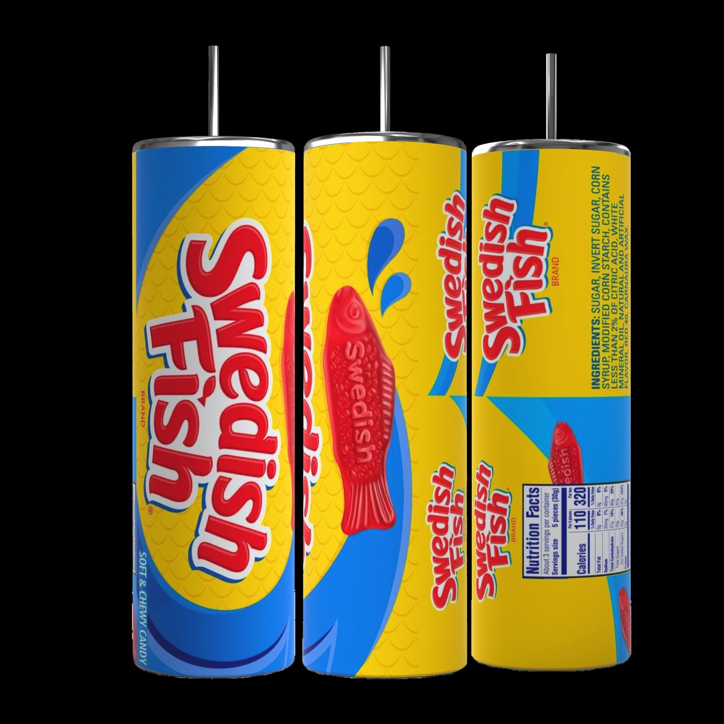 Three cylindrical Swedish Fish 20oz Stainless Steel Skinny Tumblers by Kreative Kreationz are displayed, each featuring a vibrant candy design. Predominantly blue and yellow with red fish graphics and the text "Swedish Fish," one tumbler comes with nutritional facts on the back. All have metal straws, making them perfect stainless steel tumblers for any occasion.