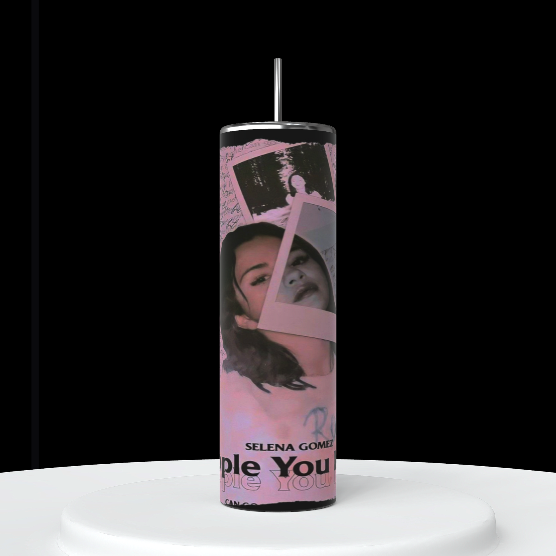 Introducing the Selena Gomez People You Know 20oz Stainless Steel Tumbler by Kreative Kreationz, featuring a vibrant collage design with images of a woman's face, pink Polaroid frames, and the text "SELENA GOMEZ" alongside other partially visible words. This sleek tumbler comes with a reusable straw and is showcased upright on a white platform against a striking black background.