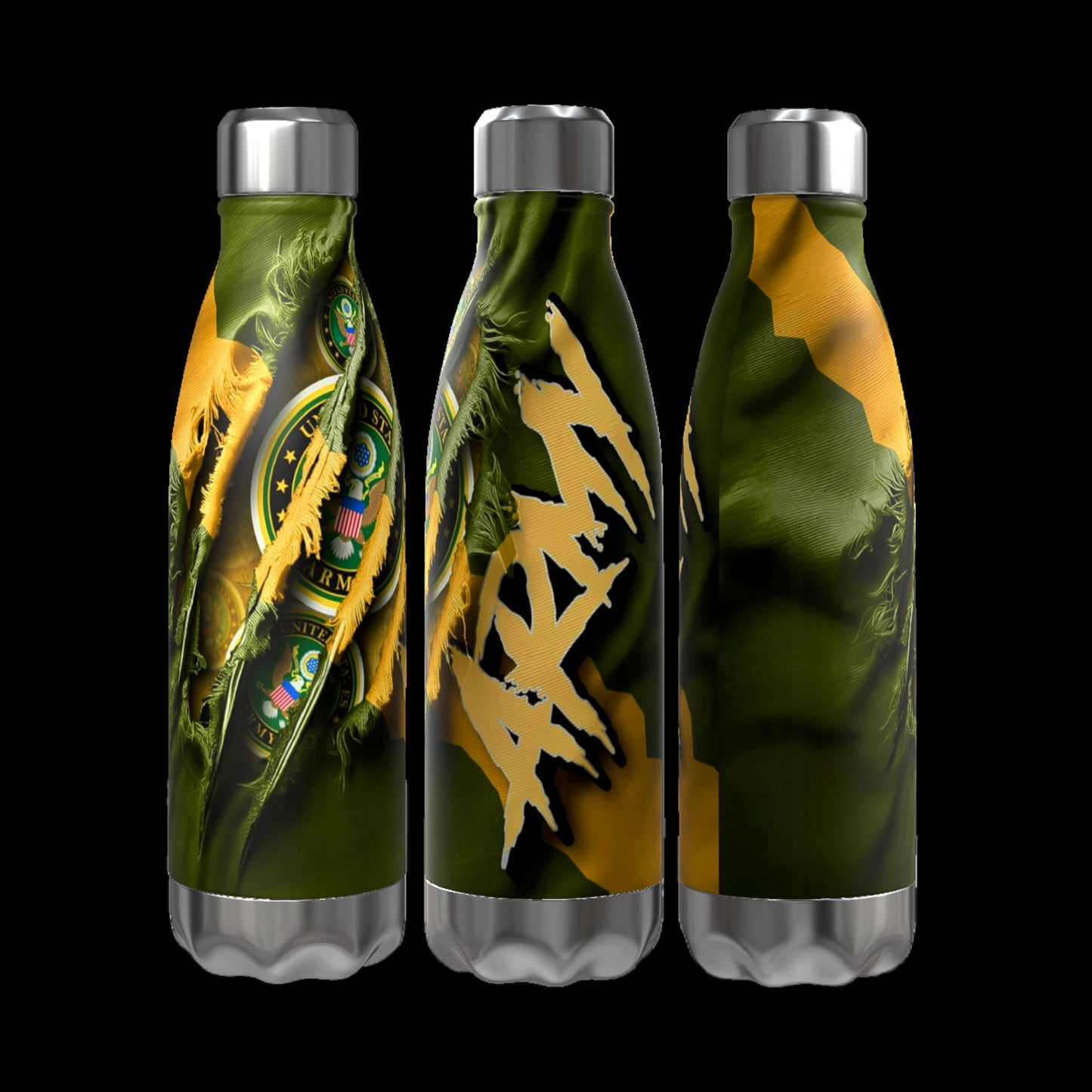 Three aluminum water bottles from Kreative Kreationz, each with a blue, black, and white abstract design. The middle bottle, from the Military Series 16 oz Aluminum Waterbottle line, has "SPACE FORCE" boldly printed in white letters. The design showcases star patterns and wave-like forms on a black background.