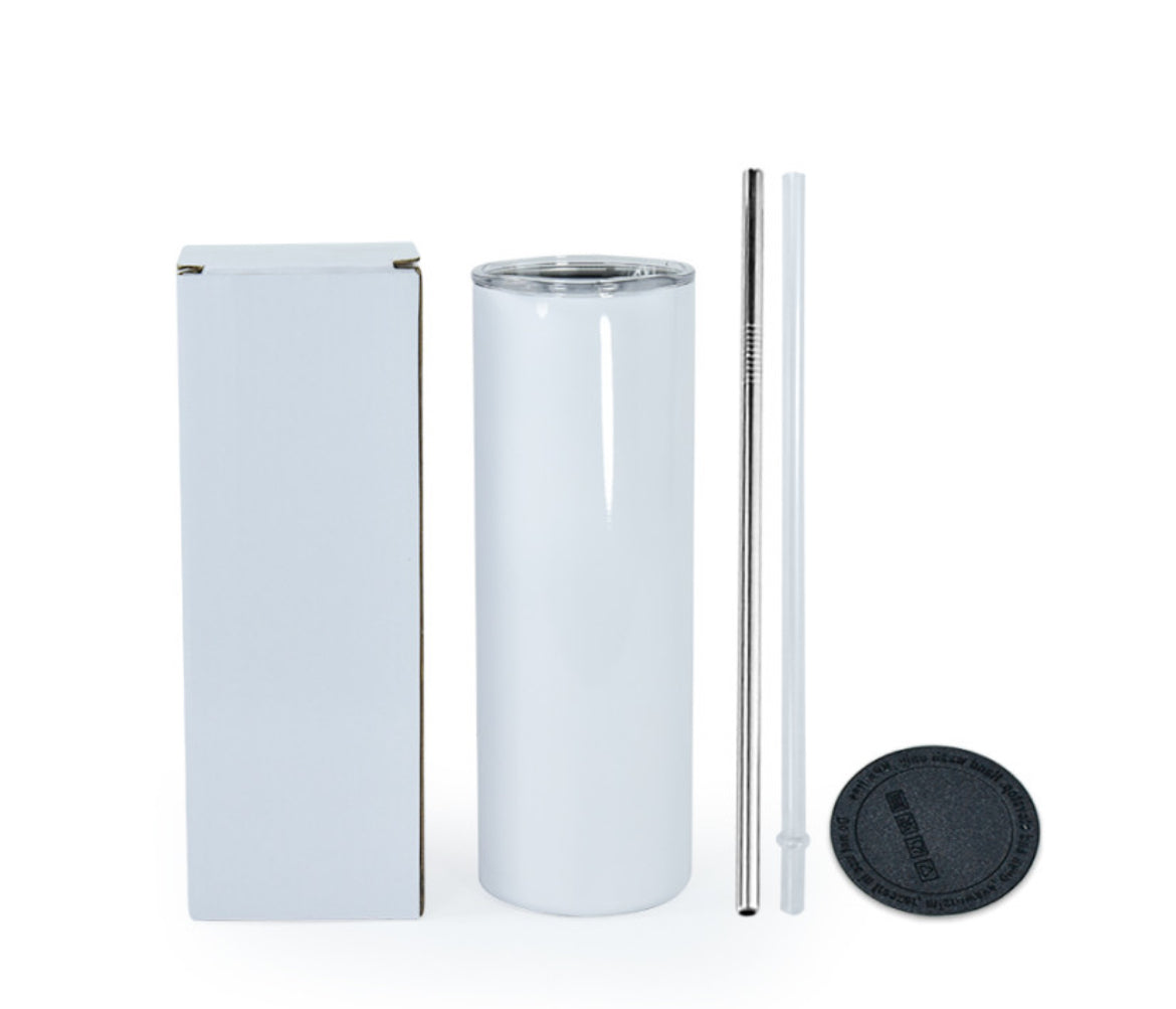 Neatly arranged on a white background is a tall, brown cylindrical tumbler from Kreative Kreationz. It features a clear lid, a silver reusable straw, a long cleaning brush, and comes with both a black circular coaster and a white rectangular box. This Dooney and Bourke 20oz Tumbler also boasts double-wall insulation for optimal temperature retention.