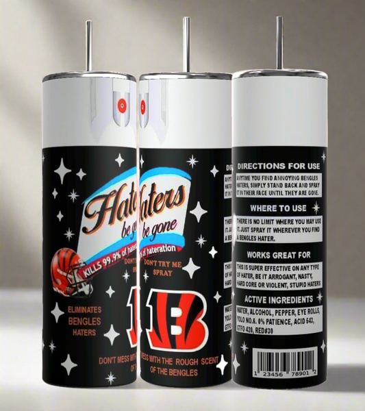 Three "Haters Be Gone" spray cans, featuring a basketball graphic, humorously promise to eliminate "Bengals Haters" with an air freshener design. Pair them with the Bengals Haters 20oz Skinny Tumbler from Kreative Kreationz, complete with a spill-proof lid and reusable straw for full fan gear!.