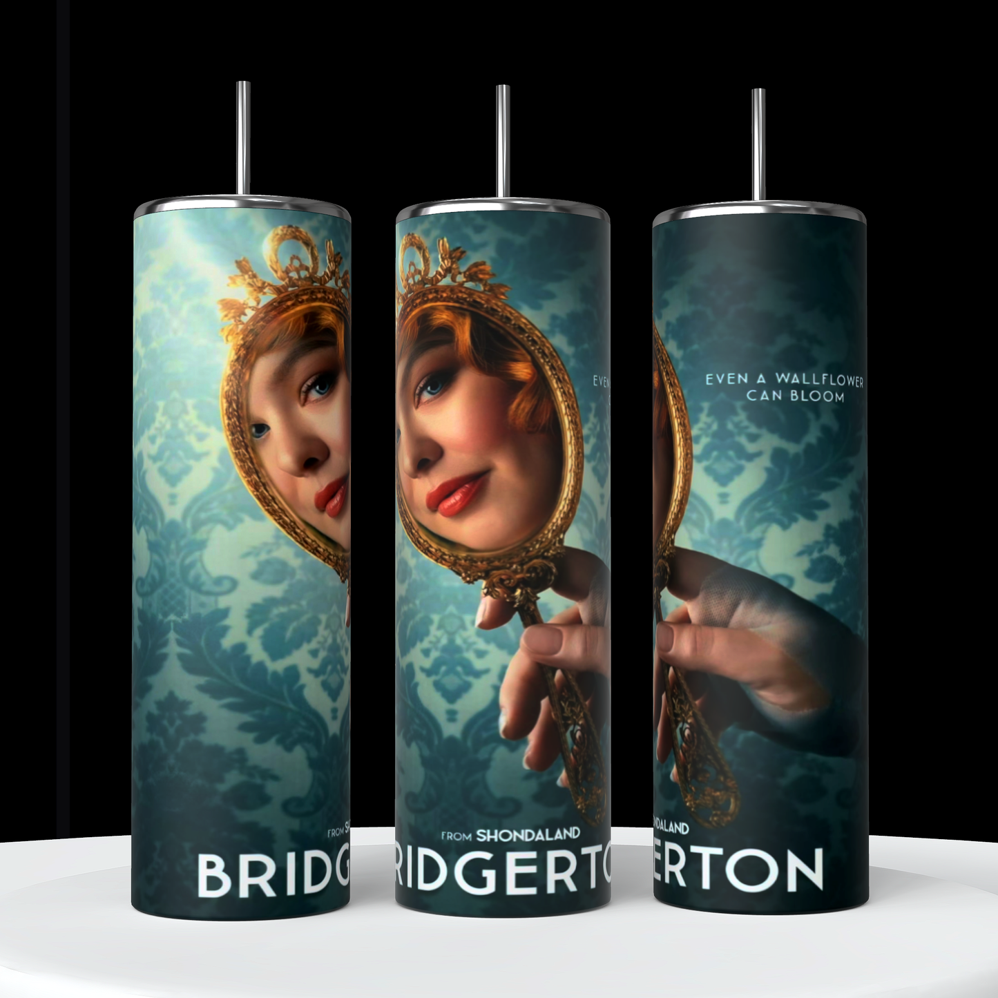 Three cylindrical Bridgerton 20oz Stainless Steel Tumblers by Kreative Kreationz, each boasting a promotional image of a red-haired woman gazing into a hand mirror against a teal patterned backdrop. The word "Bridgerton" is displayed at the bottom of each tumbler, with the phrase "Even a wallflower can bloom" featured on the right tumbler.