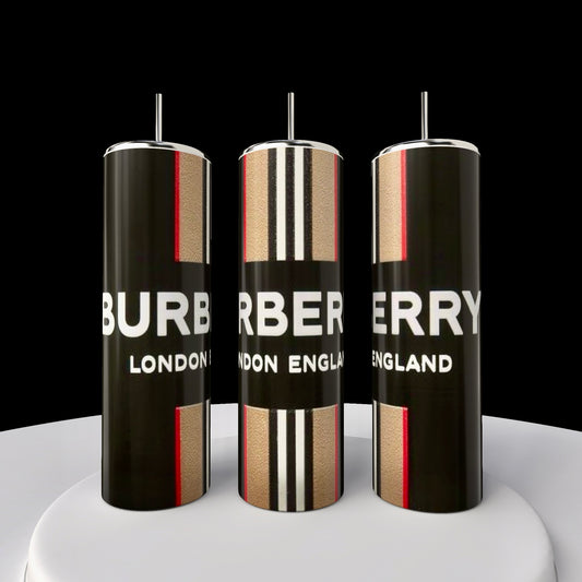 Three 20oz skinny tumblers with a black, beige, and red design bear the brand name "Burberry London England" on their surface. These Kreative Kreationz creations feature durable rubber bottoms and are arranged against a contrasting black background.