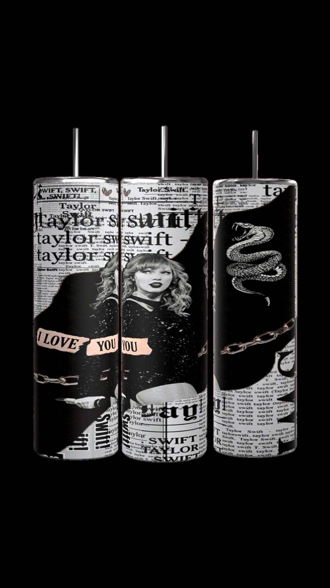 Three Evermore | Taylor Swift 20oz Skinny Tumblers by Kreative Kreationz with spill-proof lids are displayed on a wooden surface with a forest background. Each tumbler features an image of a person with a braided hairstyle facing away and the word "evermore" written at the top.