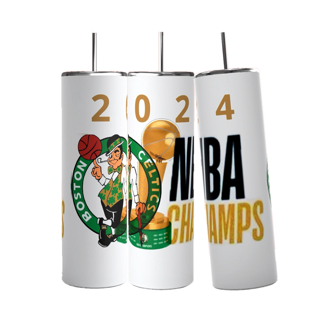 Three stainless steel tumblers are displayed on a green background. Each Kreative Kreationz Boston Celtics 2024 Champs Custom 20oz Tumbler features part of a design that, when combined, reads "2024 NBA CHAMPS" with the Boston Celtics logo. With a 20 oz capacity and spill-proof lids, these tumblers also come with metal straws.