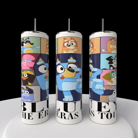 Three Bluey ERAS 20oz Stainless Steel Tumblers from Kreative Kreationz are showcased, each adorned with vibrant cartoon illustrations of animated dogs displaying excitement and curiosity against a black background.