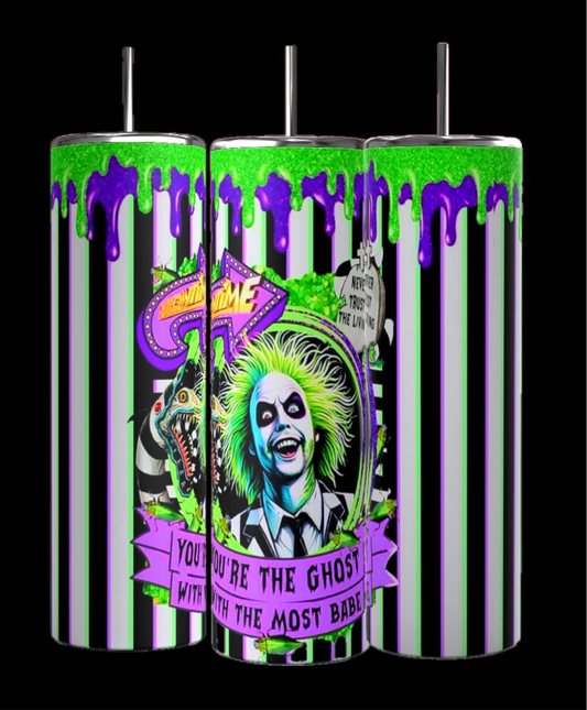 Three Kreative Kreationz Beetlejuice Striped 20oz tumblers feature a vibrant design with green and purple drips, stripes, a ghostly cartoon character, and "You're the ghost with the most babe!" text on black. Ideal Halloween drinkware with reusable straws.