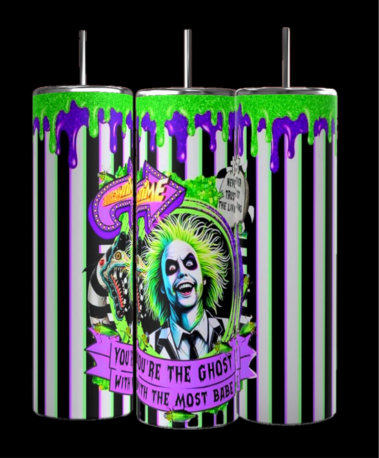 Three Kreative Kreationz Beetlejuice Striped 20oz tumblers feature a vibrant design with green and purple drips, stripes, a ghostly cartoon character, and 