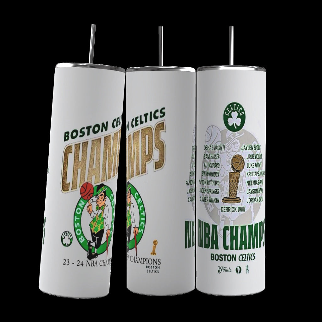 Three "Celtics 23-24 Champion 20oz Tumblers" by Kreative Kreationz, set against a black background. These designed tumblers display "Celtic 23-24 Champions" along with multiple logos, including the Celtics mascot. One of the tumblers lists the team's roster, and all feature decorative elements in green, white, and gold.