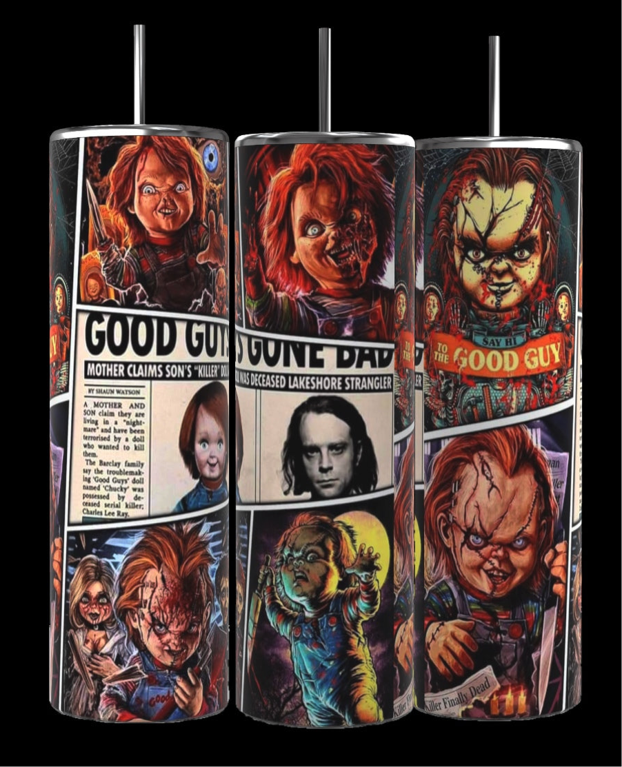 Three CHUCKY | Halloween| 20oz Tumblers by Kreative Kreationz, featuring detailed horror-themed artwork of a menacing doll with red hair, scars, and a sinister grin. These spooky tumblers include comic-style panels with various expressions and scenes, including a "Good Guy" label and a newspaper clip. Each has a 20 oz capacity.