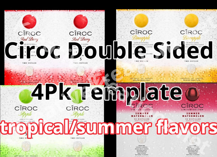 Image featuring Kreative Kreationz's Ciroc Tropical Template 4 pack, highlighting packaging designs for four flavors: red berry, pineapple, apple, and watermelon. Each vibrant template showcases a fruit image with a matching gradient and the text "Ciroc Double Sided 4Pk Template," available for digital download or as a tumbler wrap in SVG, DTF transfer, and PNG formats.