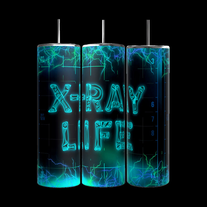 Three cylindrical objects resembling vertical battery cells are shown against a black background. With durable construction, they feature electric blue lightning patterns and the words "X-RAY LIFE" in glowing letters, like the Kreative Kreationz X-Ray Tech 20oz Tumbler with 2 designs available.